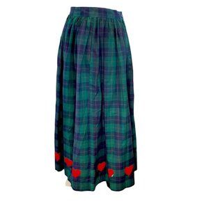Vintage 90s Plaid Midi Maxi Skirt Embroidered Hearts Blue Green Sz Small Pockets